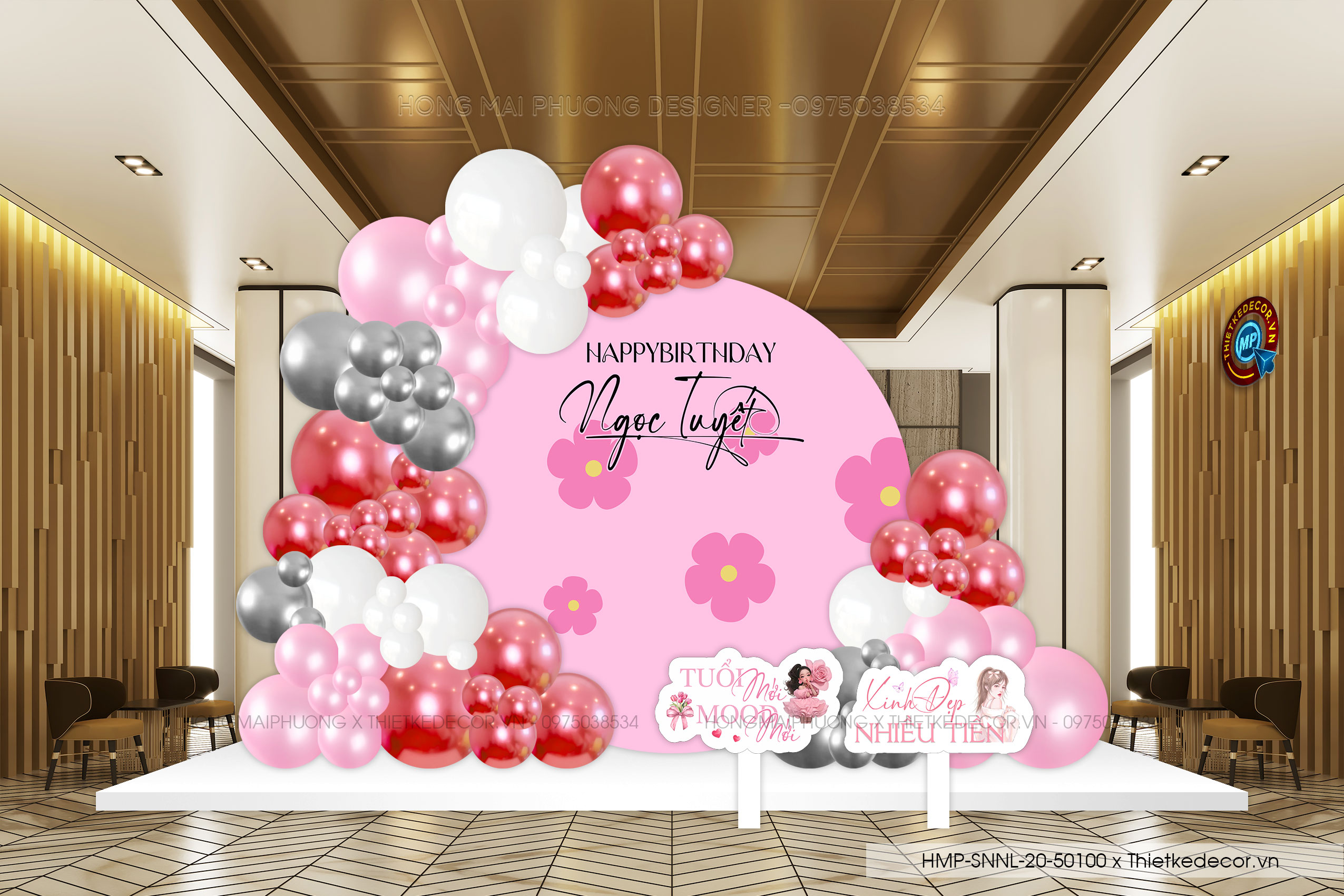 Trang trí tiệc sinh nhật người lớn phái nữ tone hồng. File thiết kế Backdrop đơn giản sang trọng.